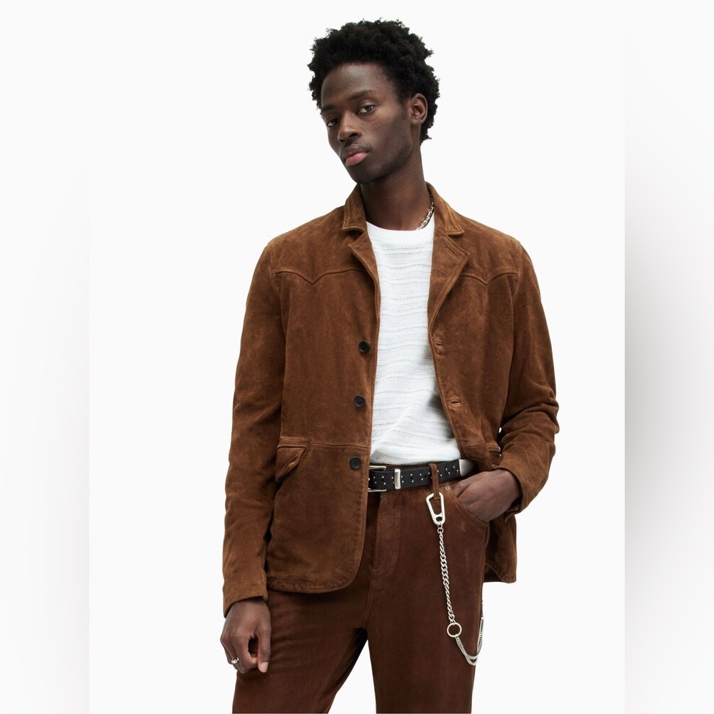 Allsaints Hornett Blazer Western Vintage Washed Suede Leather Tan Brown Size XL